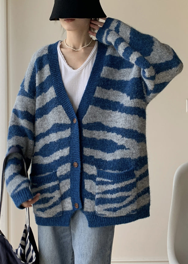 Blue Button Cozy Loose Knit Spring Cardigans V Neck