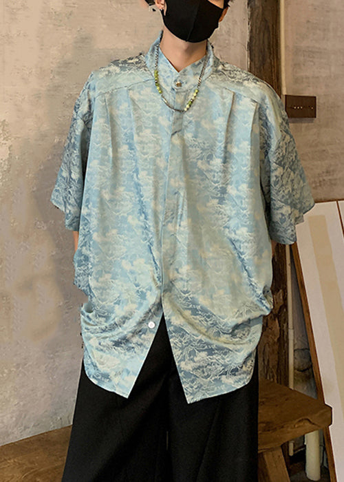 Blue Button Ice Silk Men Shirts Stand Collar Half Sleeve