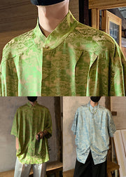 Blue Button Ice Silk Men Shirts Stand Collar Half Sleeve