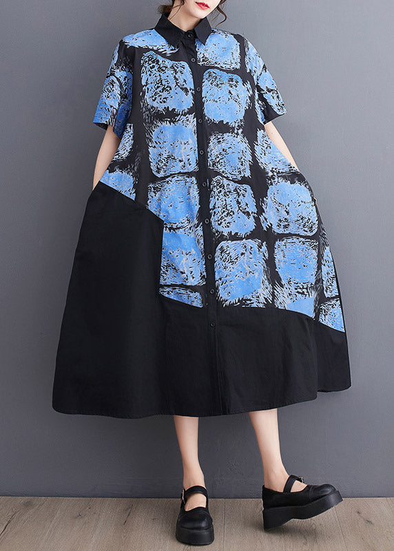 Blue Button Long Shirt Dress Short Sleeve