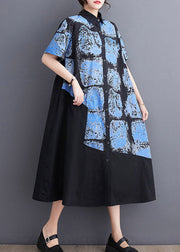 Blue Button Long Shirt Dress Short Sleeve