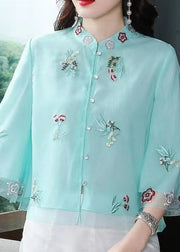 Blue Button Patchwork Shirt Top Embroidered Half Sleeve