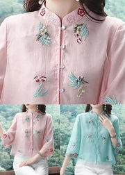 Blue Button Patchwork Shirt Top Embroidered Half Sleeve