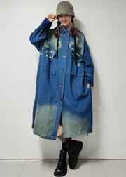 Blue Button Pockets Denim Trench Coat Embroidered Long Sleeve
