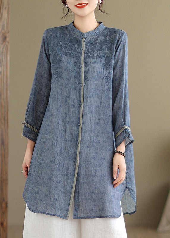 Blue Button Side Open Mid Shirts Spring