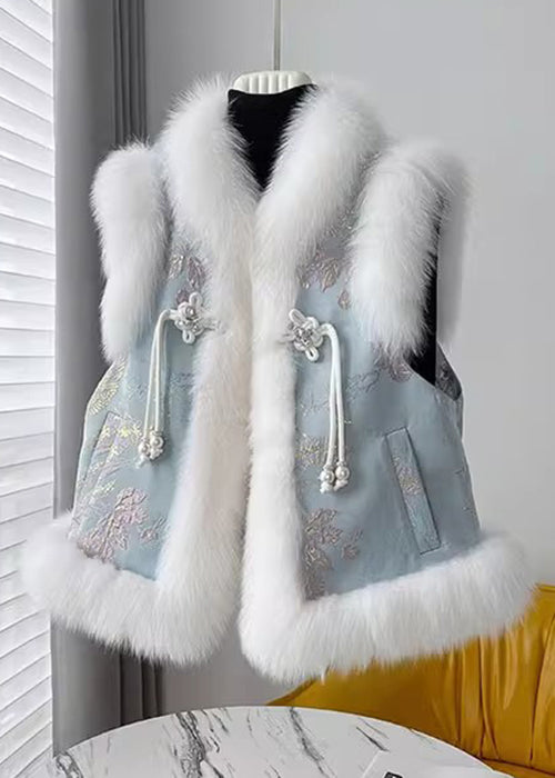 Blue Chinese Button Patchwork Cotton Filled Waistcoat Fur Collar Winter