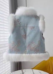 Blue Chinese Button Patchwork Cotton Filled Waistcoat Fur Collar Winter