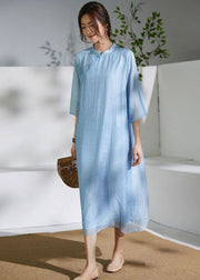 Blue Chinese Button Patchwork Silk Dress Tasseled Summer