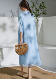 Blue Chinese Button Patchwork Silk Dress Tasseled Summer