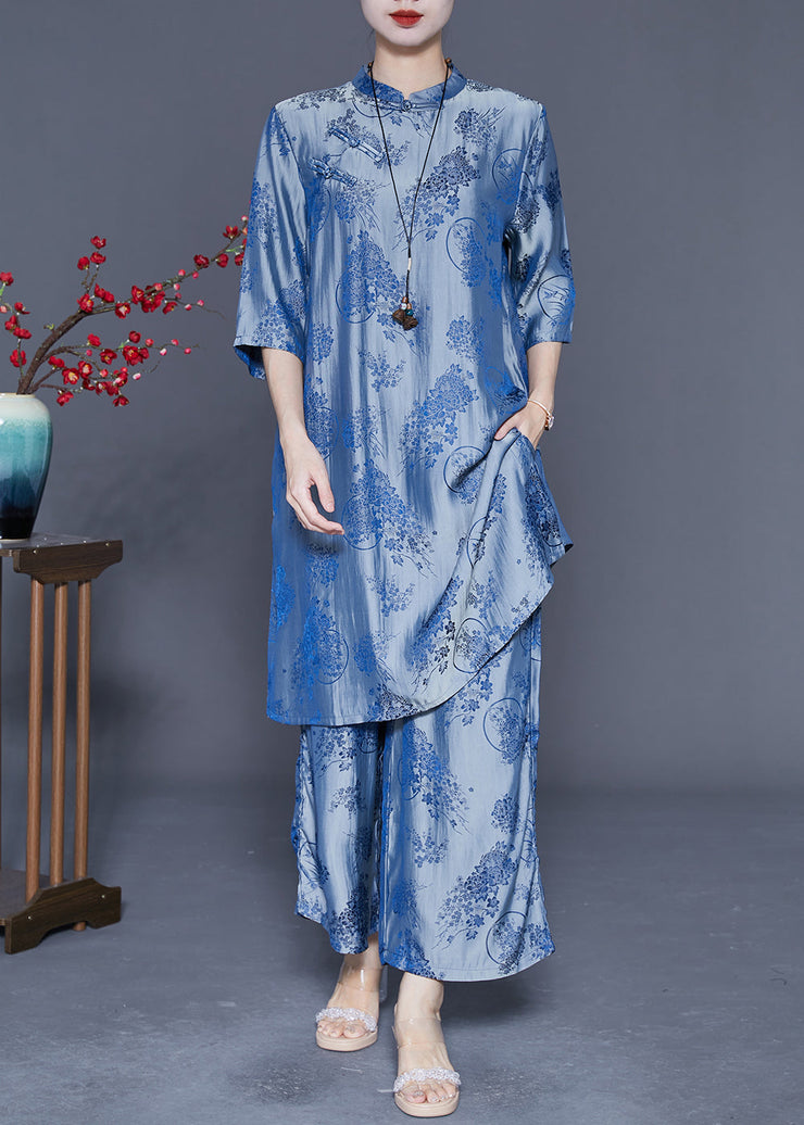 Blue Chinese Style Silk Two Pieces Set Chinese Button Half Sleeve