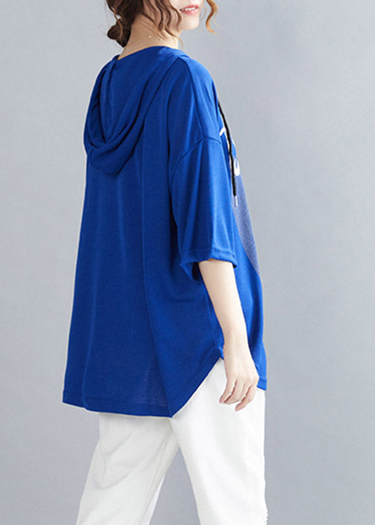 Blue Cinched Cotton Hooded T Shirt Summer