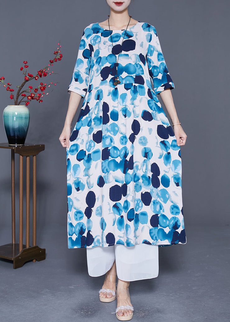 Blue Circle Print Loose Cotton Long Dresses Exra Large Hem Summer