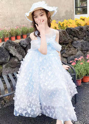 Blue Cold Shoulder Solid Tulle Girls Summer Long Dress Butterfly