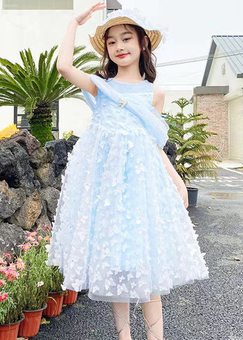 Blue Cold Shoulder Solid Tulle Girls Summer Long Dress Butterfly
