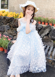 Blue Cold Shoulder Solid Tulle Girls Summer Long Dress Butterfly