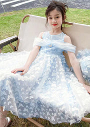 Blue Cold Shoulder Solid Tulle Girls Summer Long Dress Butterfly