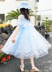 Blue Cold Shoulder Solid Tulle Girls Summer Long Dress Butterfly