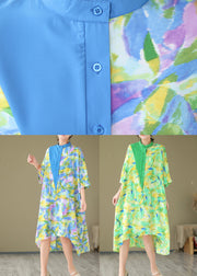 Blue Cotton Shirt Dresses Stand Collar Tie Dye Summer