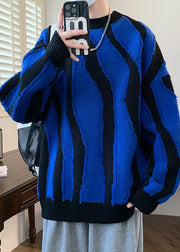 Blue Cozy Patchwork Knit Mens Sweaters Pullover O Neck Winter