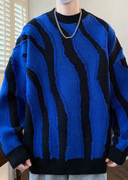 Blue Cozy Patchwork Knit Mens Sweaters Pullover O Neck Winter