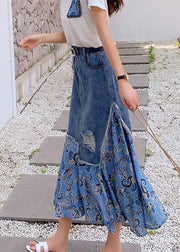 Blue Denim Patchwork High Waist Button Maxi Skir