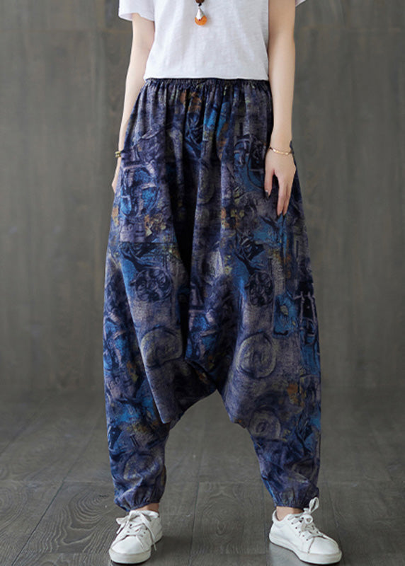 Blue Elastic Waist Loose Lantern Pants Summer