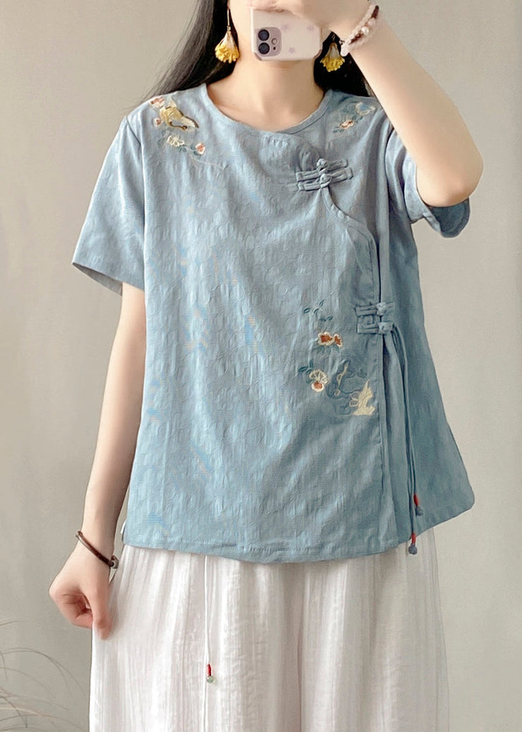 Blue Embroidered Button Patchwork Linen Top O-Neck Short Sleeve