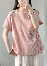 Blue Embroidered Button Patchwork Linen Top O-Neck Short Sleeve