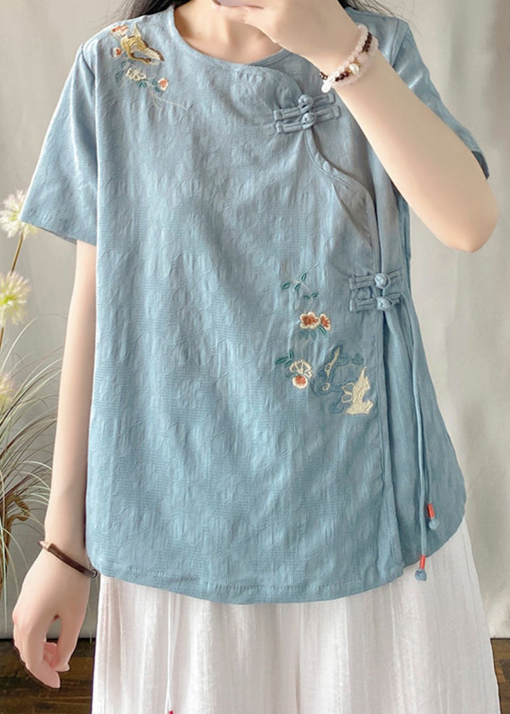 Blue Embroidered Button Patchwork Linen Top O-Neck Short Sleeve