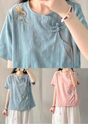 Blue Embroidered Button Patchwork Linen Top O-Neck Short Sleeve