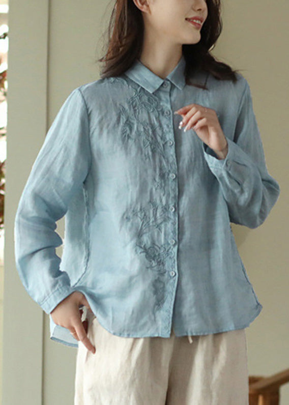 Blue Embroidered Button Ramie Shirt Long Sleeve