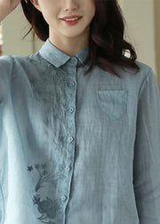 Blue Embroidered Button Ramie Shirt Long Sleeve