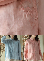 Blue Embroidered Button Ramie Shirt Long Sleeve