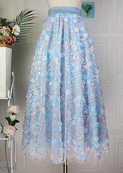 Blue Embroideried Floral Elastic Waist Tulle Maxi Skirt Spring