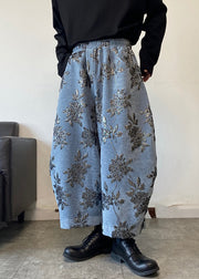 Blue Embroideried Mens Wide Leg Pants Elastic Waist Spring