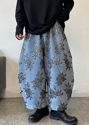 Blue Embroideried Mens Wide Leg Pants Elastic Waist Spring