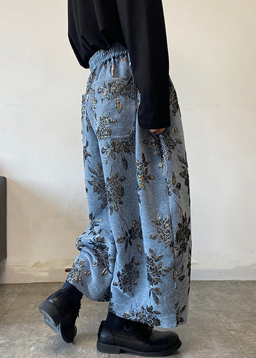 Blue Embroideried Mens Wide Leg Pants Elastic Waist Spring