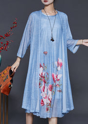 Blue Floral Chiffon Two Piece Suit Set Oversized Summer