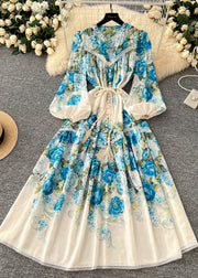 Blue Floral Patchwork Lace Dress Tie Waist Lantern Sleeve