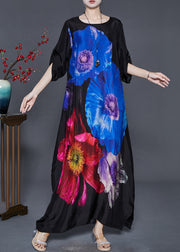 Blue Floral Silk Holiday Dress Oversized Spring