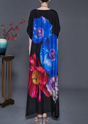 Blue Floral Silk Holiday Dress Oversized Spring