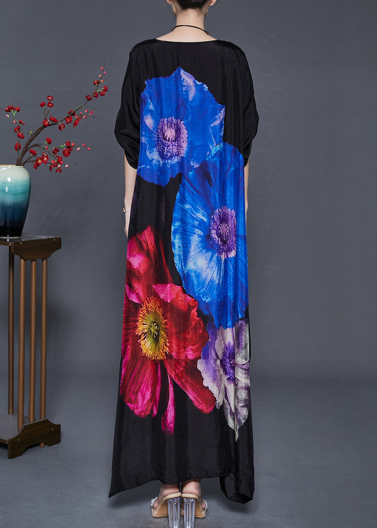 Blue Floral Silk Holiday Dress Oversized Spring