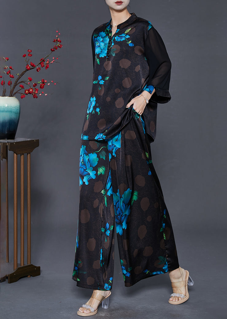 Blue Floral Silk Two Piece Suit Set Oversized Fall