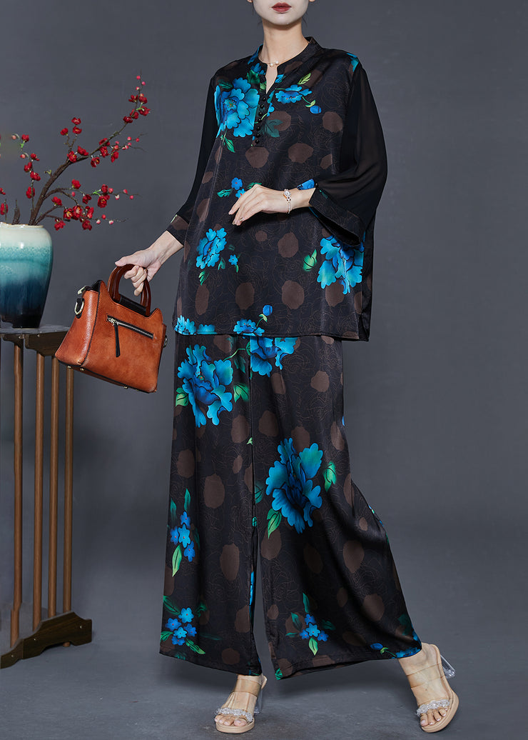 Blue Floral Silk Two Piece Suit Set Oversized Fall