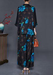 Blue Floral Silk Two Piece Suit Set Oversized Fall