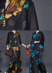 Blue Floral Silk Two Piece Suit Set Oversized Fall