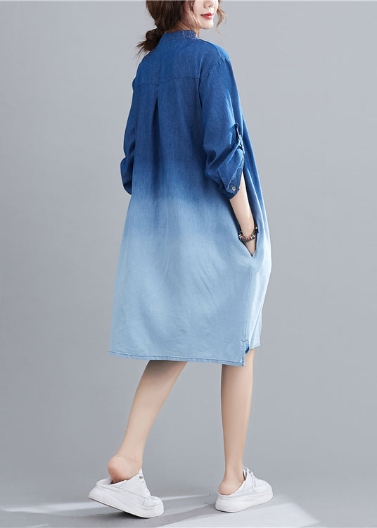 Blue Gradient Color Denim Holiday Dress Stand Collar Fall