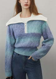 Blue Gradient Color Hollow Out Wool Knit Sweater Zip Up Spring