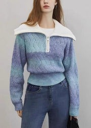 Blue Gradient Color Hollow Out Wool Knit Sweater Zip Up Spring