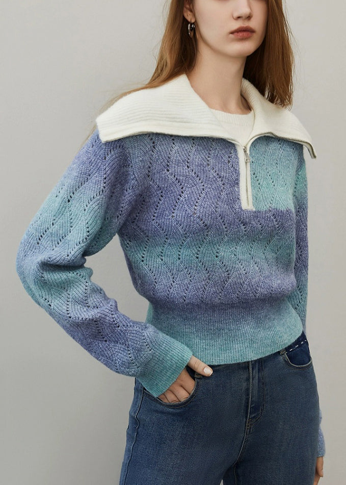 Blue Gradient Color Hollow Out Wool Knit Sweater Zip Up Spring